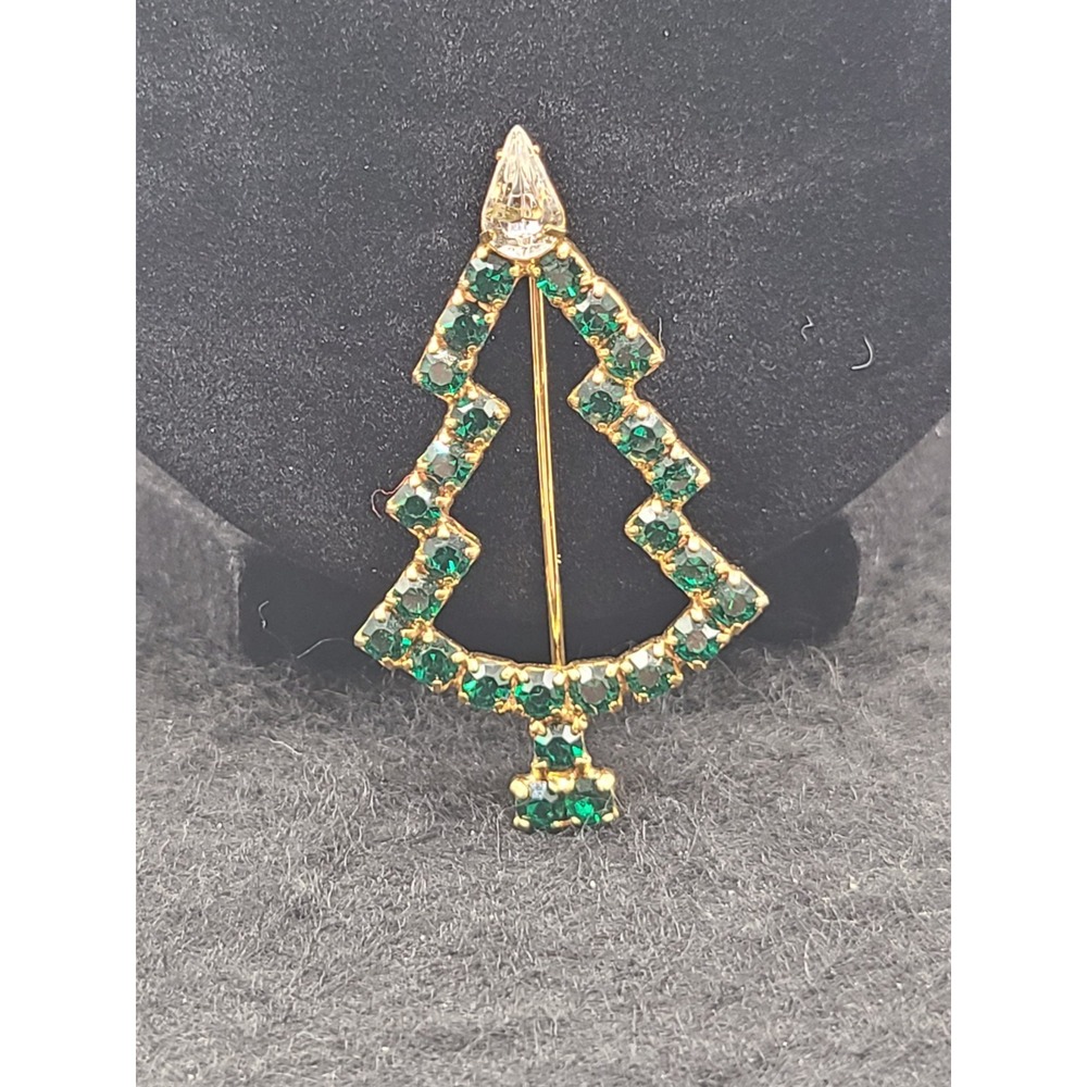 Vintage Green Rhinestone Christmas Tree Brooch Gold Tone Openwork Holiday Pin